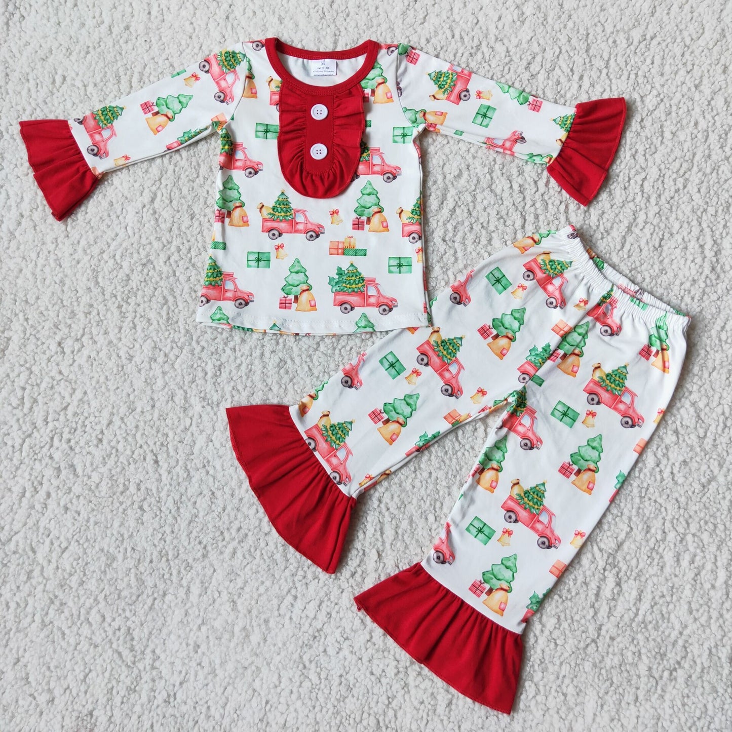 Girls Christmas Car Pajamas Long Sleeves Ruffle Pants Button