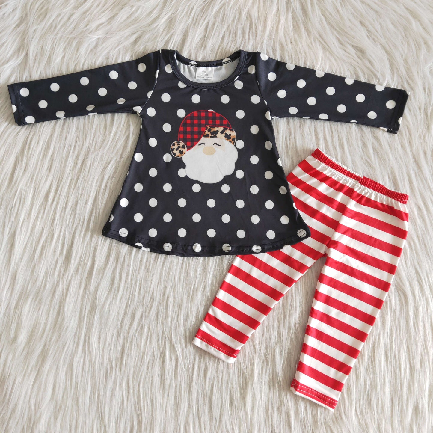 Baby Girls Christmas Santa Polka Dot Outfits Long Sleeves Black Stripe Pants