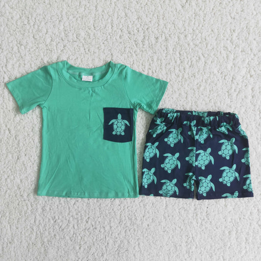 Boys Sea Turtle Outfits Short Sleeves Green Shorts