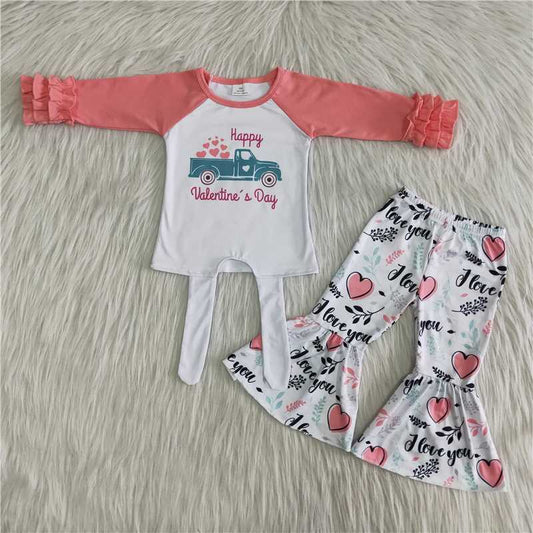 Girls Happy Valentine's Day Outfits Long Sleeves Pink Pants