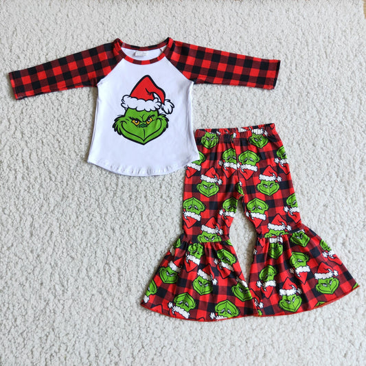 6 A18-30 Baby Girls Christmas Outfits Long Sleeves Bell Bottom Pants Plaid