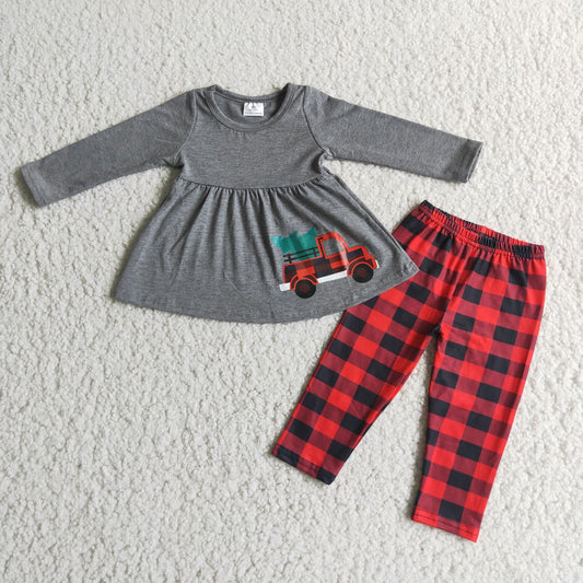 Girls Christmas Car Outfits Long Sleeves Plaid Pants