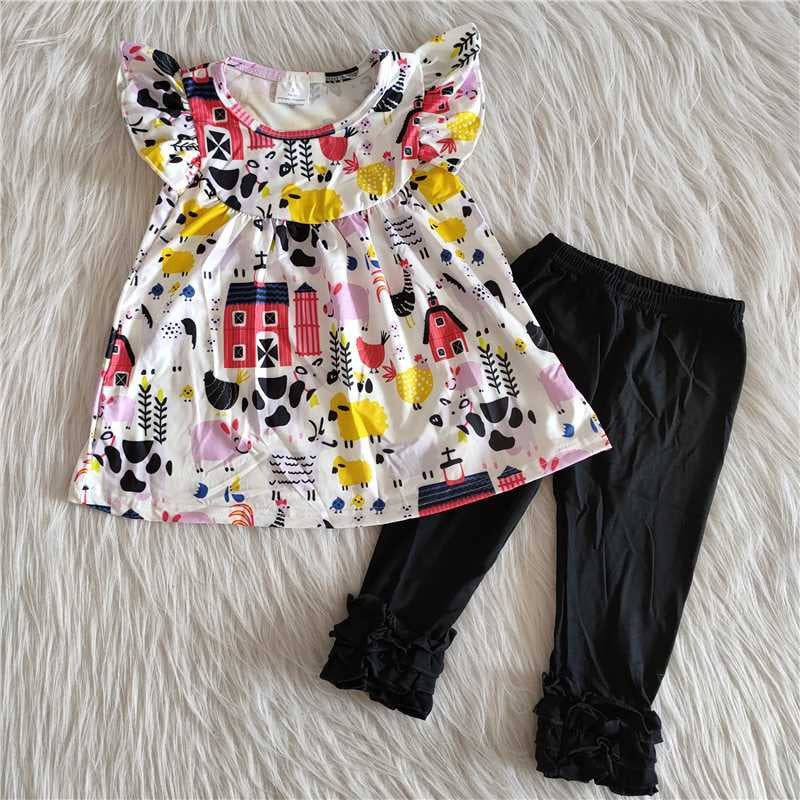 Girls Peace Love Farm life Outfits Flutter Sleeves Black Pants