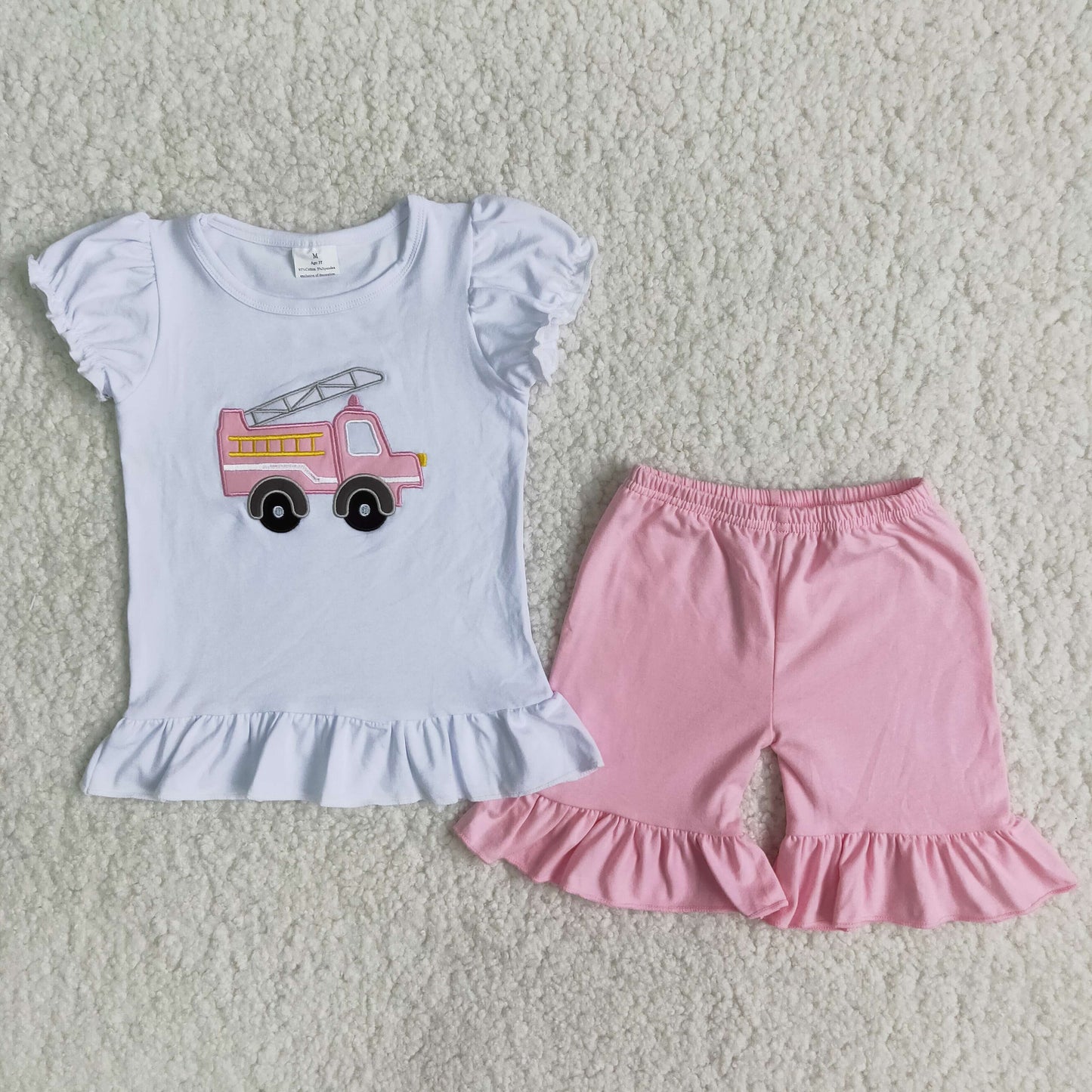 Girls Embroidery Fire Fighting Truck Outfits Short Sleeves Pink Shorts