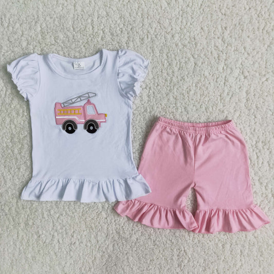 Girls Embroidery Fire Fighting Truck Outfits Short Sleeves Pink Shorts