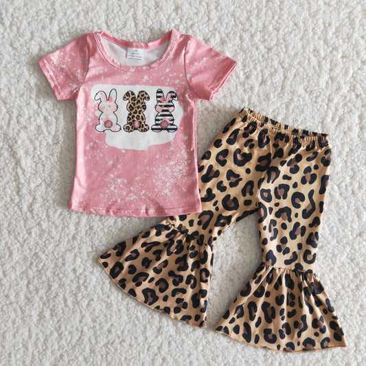 Girls Easter Rabbit Pink Outfits Short Sleeves Leopard Pants