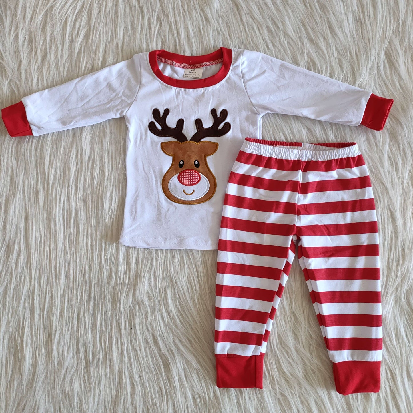 Boys Embroidery Christmas Reindeer Pajamas White Long Sleeves Stripe Joggers