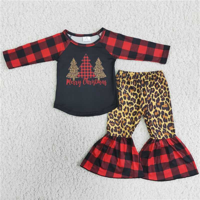 Baby Girls Merry Christmas Tree Outfits Long Sleeves Leopard Pants