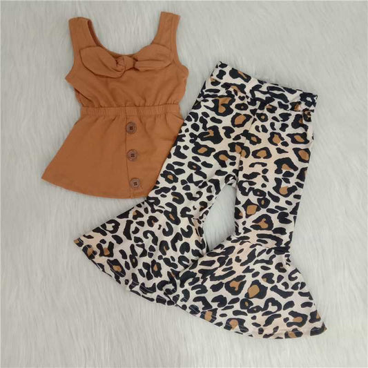 Girls Brown Bows Outfits Sleeveless Leopard Pants