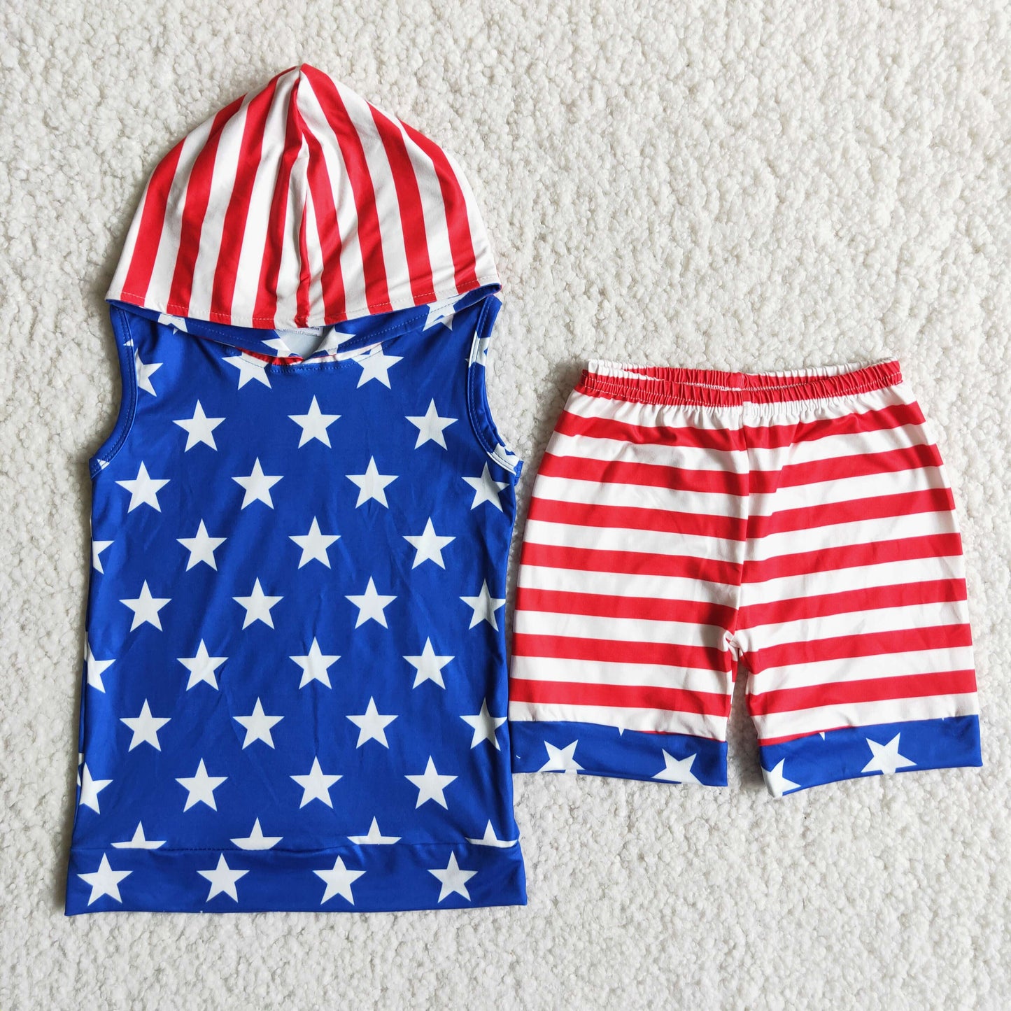 Boys Blue Stars Red Stripe Outfits Short Sleeves Hoodies Shorts