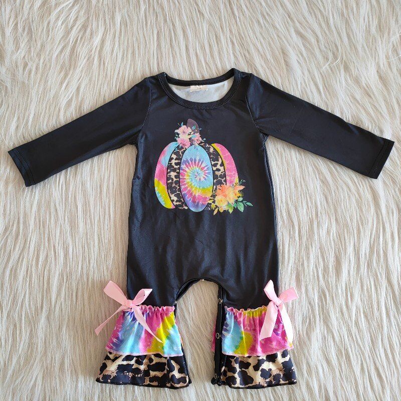 Girls Tie-dye Pumpkin Rompers Black