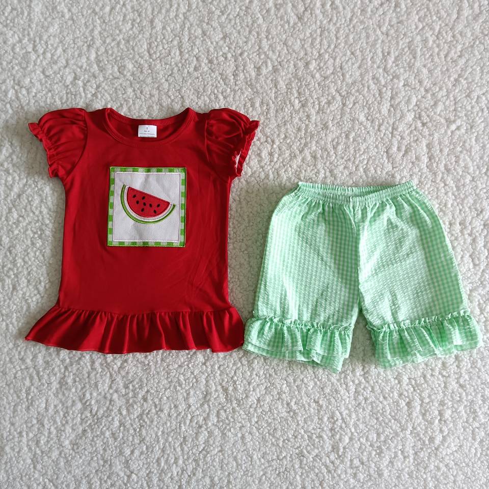 Girls Embroidery Watermelon Outfits Short Sleeves Plaid Shorts