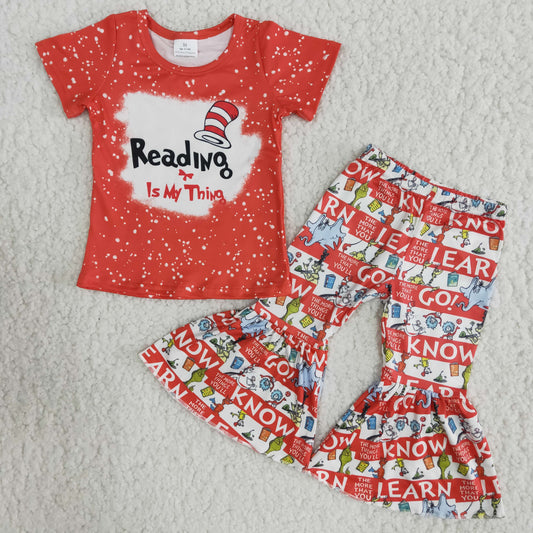 Girls Reading is my thing Red Outfits Short Sleeves Bell Bottom Pants