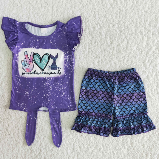 Girls Peace Love Outfits Short Sleeves Purple Scale Shorts