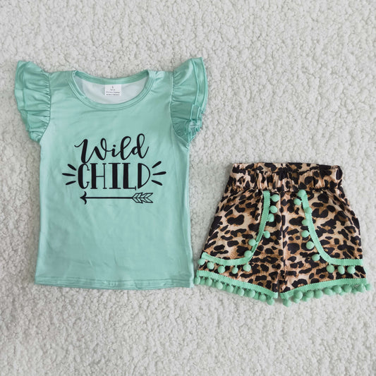 Girls Wild Child Outfits Short Sleeves Leopard Shorts