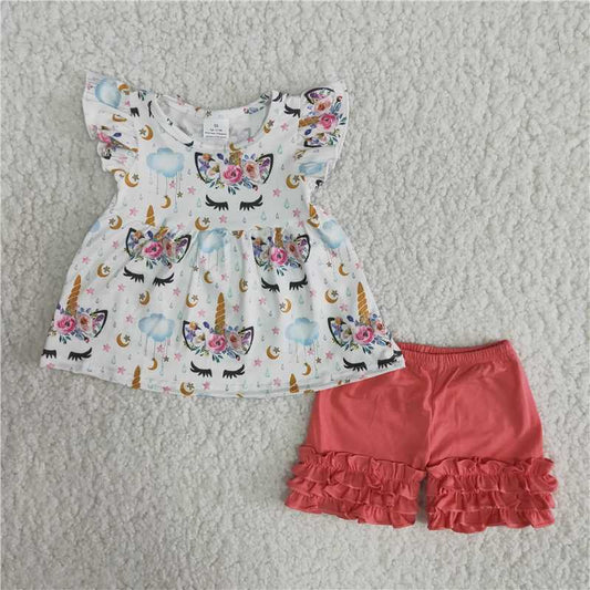 Girls Unicorn Outfits Short Sleeves Red Shorts