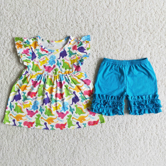 Girls Dinosaurs Outfits Short Sleeves Blue Shorts