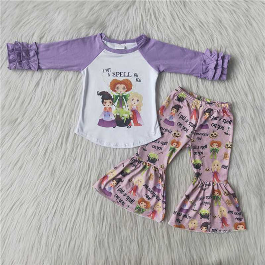 Girls Light Purple Outfits Long Sleeves Bell Bottom Pants