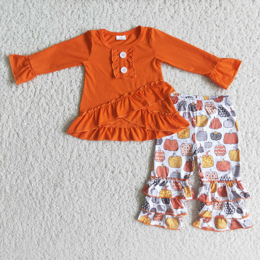 Baby Girls Pumpkin Outfits Button Long Sleeves Ruffles Pants Orange Clothing