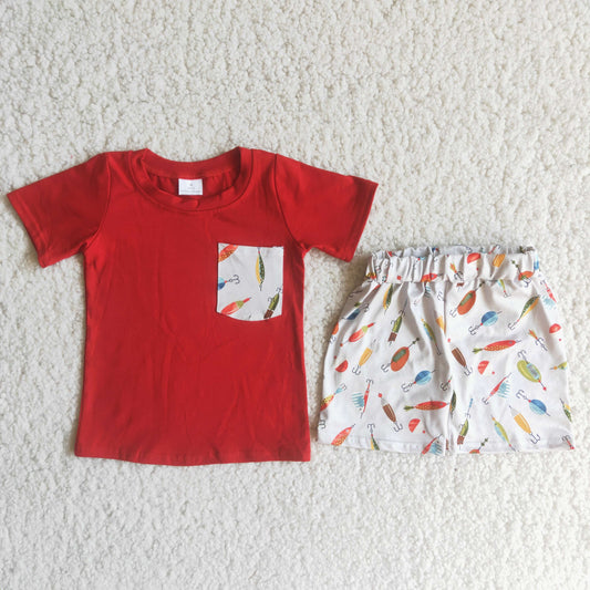 Boys Fishing Outfits Short Sleeves Red Shorts