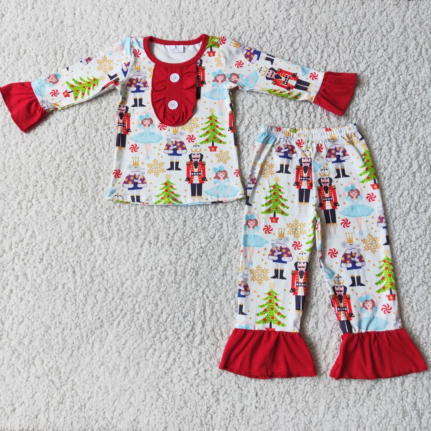 Girls Christmas Tree Pajamas Long Sleeves Ruffle Pants Button