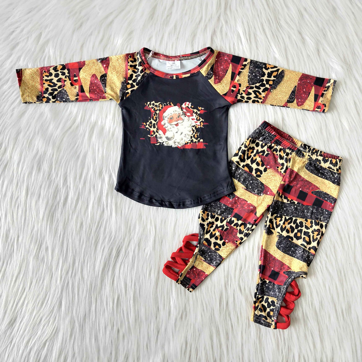 6 B10-17 Baby Girls Christmas Santa Outfits Long Sleeves Leopard Pants