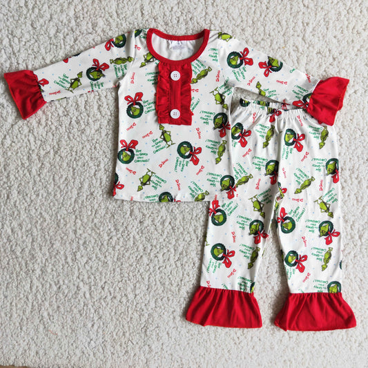 Girls Christmas Pajamas Long Sleeves Ruffle Pants Red