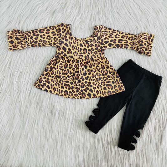 Girls Leopard Outfits Long Sleeves Black Pants