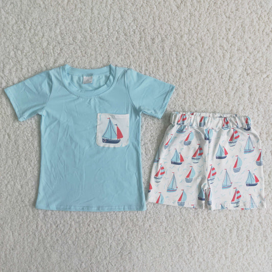 Boys Sailboat Outfits Short Sleeves Sky Blue Shorts