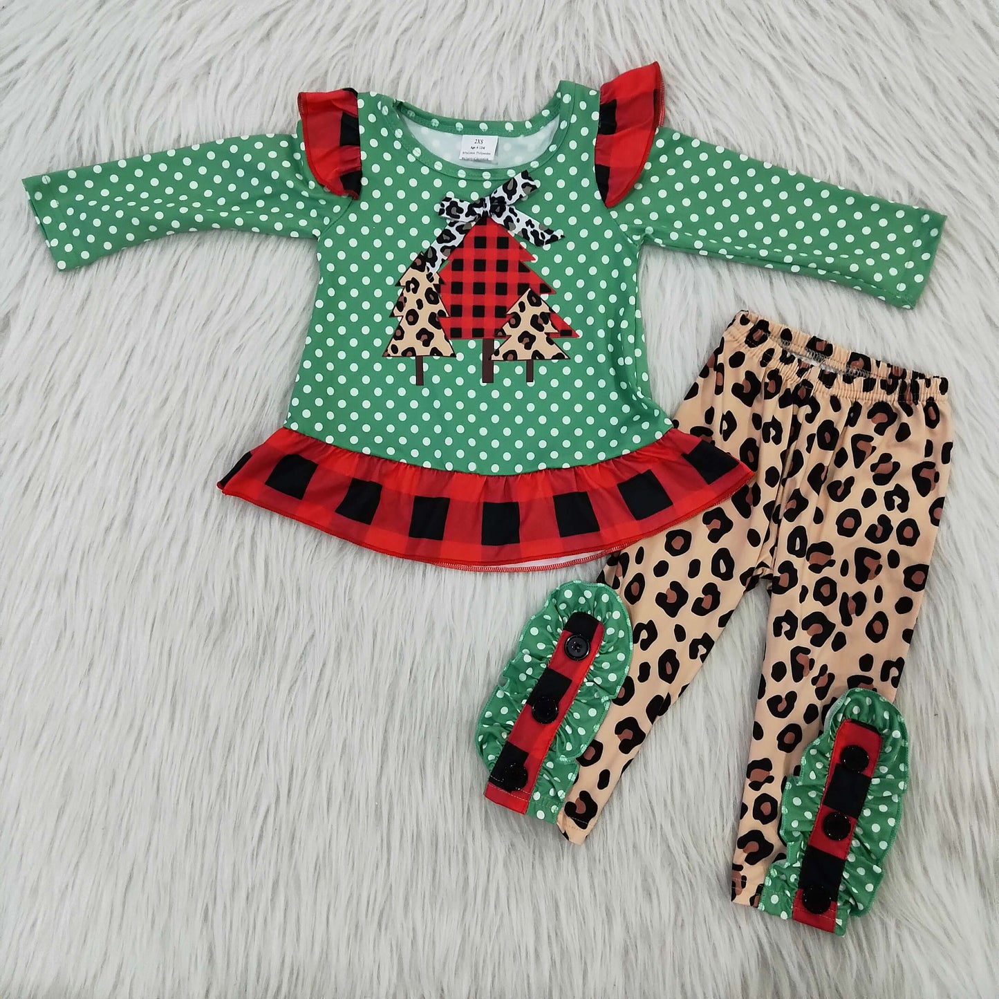 Baby Girls Christmas Tree Green Outfits Long Sleeves Leopard Pants