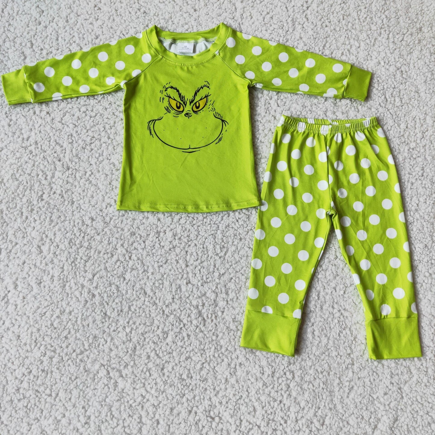 Girls Christmas Pajamas Long Sleeves Joggers Green Polka Dot