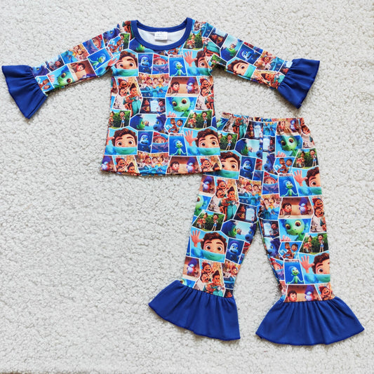 6 A16-18 Girls Cartoon Pajamas Long Sleeves Pants Blue