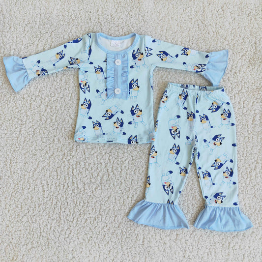 Girls Cartoon Dogs Pajamas Long Sleeves Pants Sky Blue