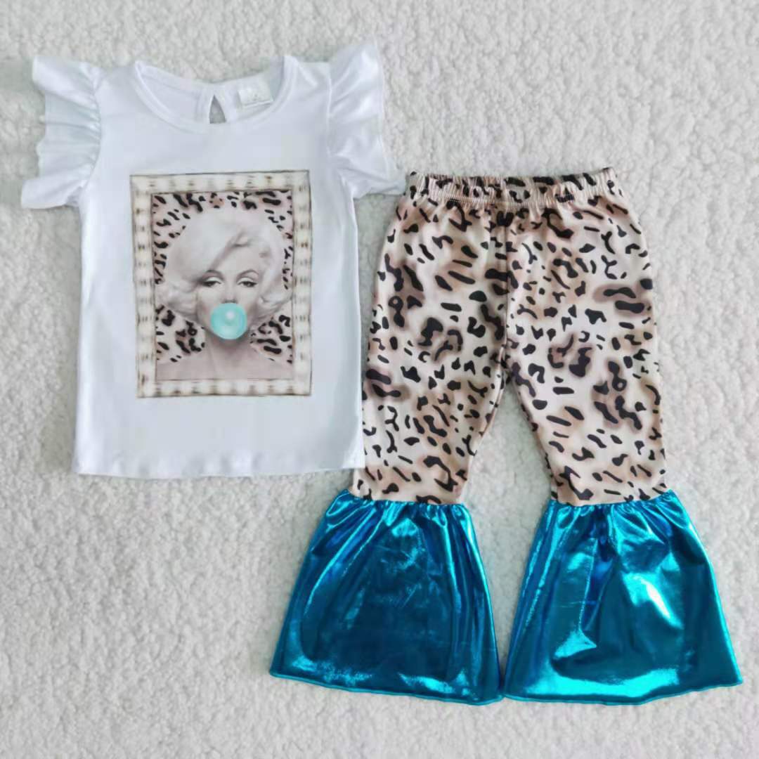 Girls Leopard Outfits Short Sleeves Bell Bottom Pants