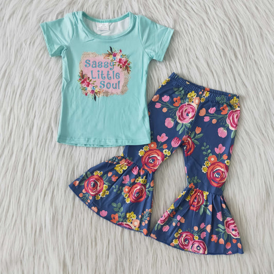 Girls Sassy Little Soul Outfits Short Sleeves Bell Bottom Floral Pants