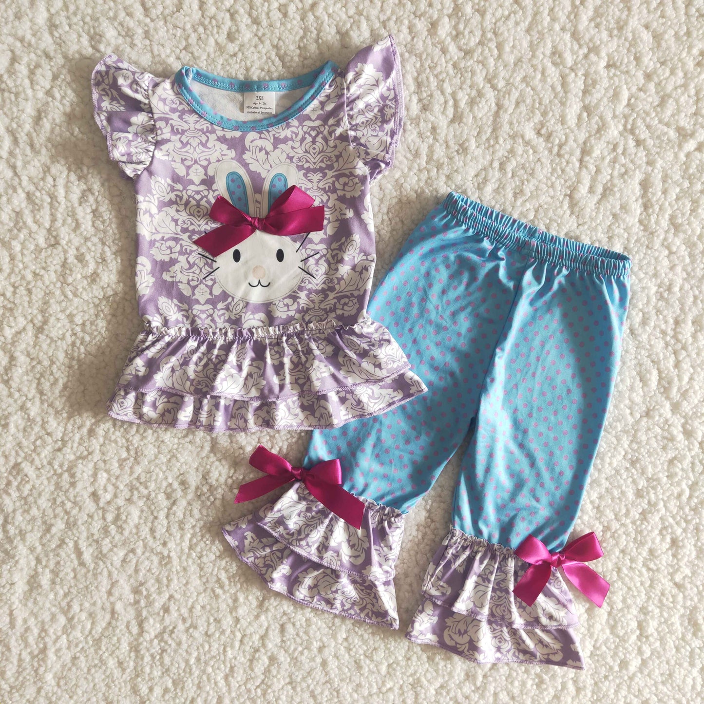 Girls Easter Rabbit Purple Outfits Short Sleeves Pants