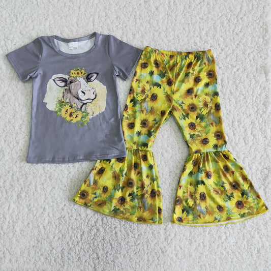 Girls Cow Sunflowers Outfits Short Sleeves Bell Bottom Pants