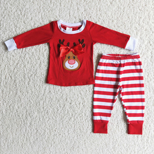 Girls Embroidery Christmas Reindeer Pajamas Red Long Sleeves Stripe Joggers