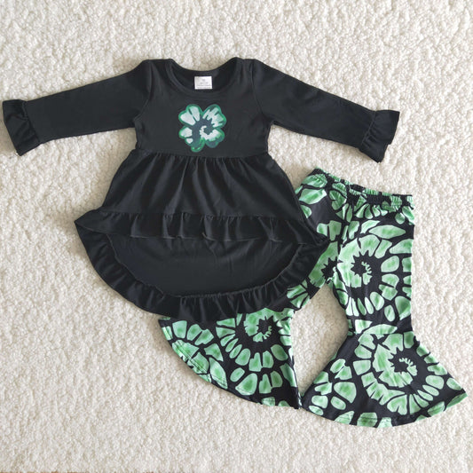 Girls St. Patrick Black Outfits Long Sleeves Bell Bottom Pants