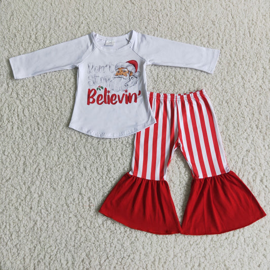 Baby Girls Christmas Santa Outfits Long Sleeves Red Stripe Bell Bottom Pants