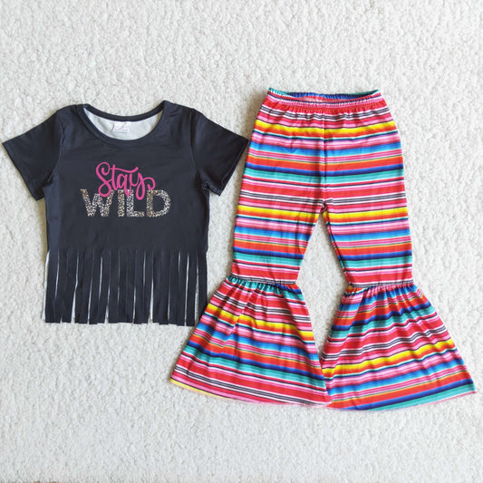 Girls Stay Wild Outfits Short Sleeves Tassels Stripe Pants