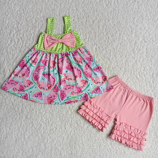 Girls Watermelon Outfits Sleeveless Bow Pink Shorts