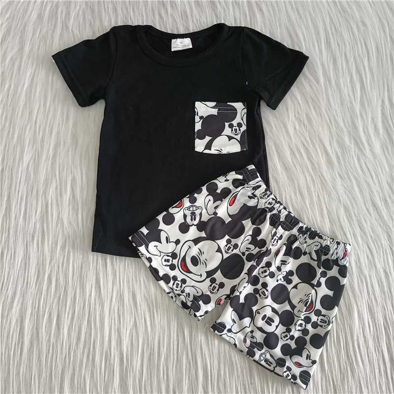 Boys Cartoon Outfits Short Sleeves Black Shorts