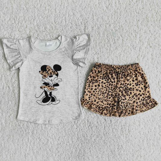 Girls Gray Outfits Short Sleeves Leopard Shorts