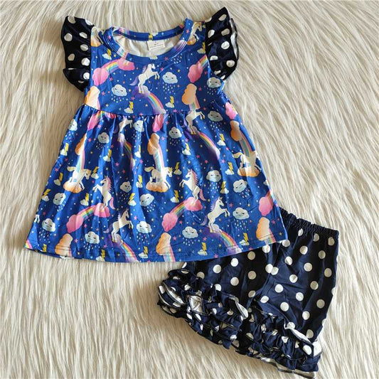 Girls Unicorn Outfits Short Sleeves Blue Shorts