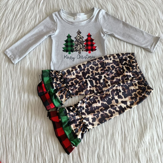 Girls Merry Christmas Tree Outfits Long Sleeves Leopard Ruffled Pants