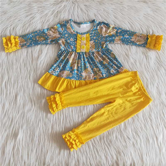 Girls Floral Outfits Long Sleeves Ruffled Yellow Pants