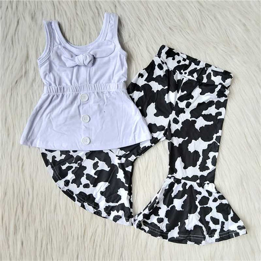 Girls White Bows Outfits Sleeveless Black Pants