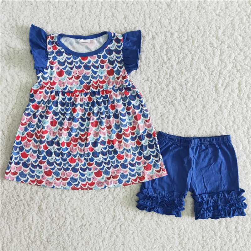 Girls Scale Outfits Short Sleeves Blue Shorts