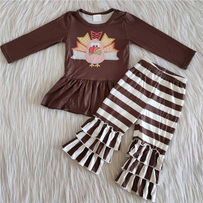 Girls Thanksgiving Turkey Outfits Long Sleeves Brown Stripe Pants